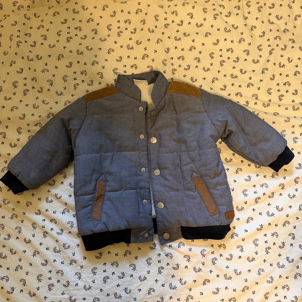 Kids Gray Puffer Jacket with Brown Trim